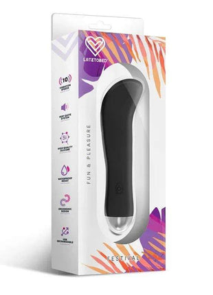 Ragon Stimulator 10 Speeds Black, black curved handheld stimulator with a silver tip in colorful retail packaging