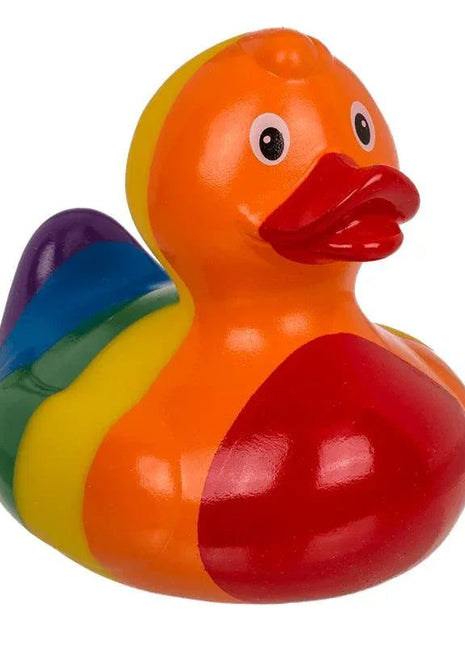 Colorful Rainbow Squeaking Duck plush toy for babies with soft texture and fun squeaker