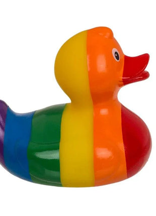Rainbow Squeaking Duck plush toy with vibrant rainbow colors and squeaker for babies and toddlers