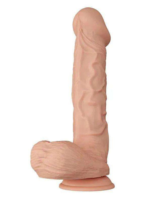 Realistic Dildo Bergrisi 10.2 in peach-toned silicone, with a textured shaft, curved profile and flared suction base