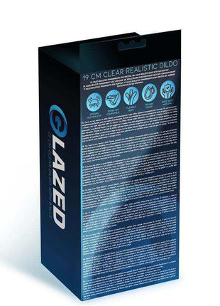 Realistic Dildo packaging in a black box with blue graphics and clear 19 cm product labeling
