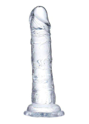 Realistic Dildo in clear, glossy crystal with a lifelike shape, textured ridges and a flared base.