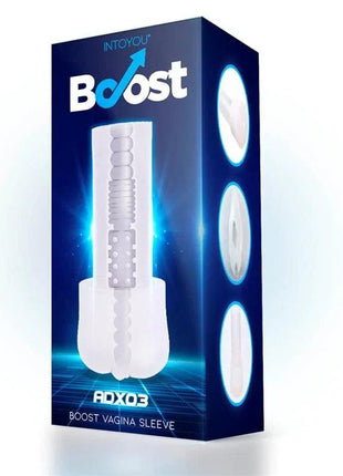 Realistic Vagina Large Sleeve shown on Boost ADX03 packaging, with a white textured sleeve illustration and blue box
