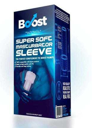 Realistic Vagina Large Sleeve in dark blue Boost packaging, labeled super soft masturbator sleeve with a product diagram