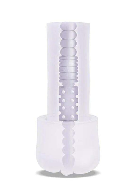 Realistic Vagina Large Sleeve in translucent white silicone with a molded opening and raised inner ridges and bumps