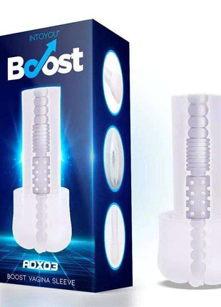 Realistic Vagina Large Sleeve in translucent white silicone with a textured insert and wide rounded base beside its Boost ADX03 box
