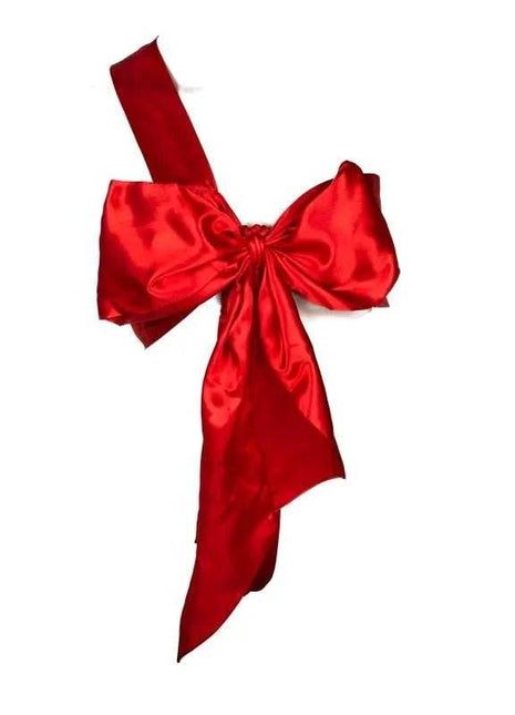 Red Sexy Costume Bow in glossy red satin fabric, featuring a large tied bow and long flowing tails