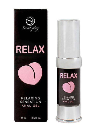 Relax! Anal Gel in a black and silver 15 ml pump bottle with matching box, pink lettering and heart graphic