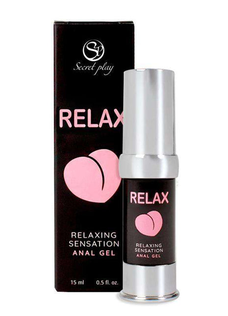 Relax! Anal Gel in a black tube with silver dispenser, pink lettering and heart graphic, shown with matching box.