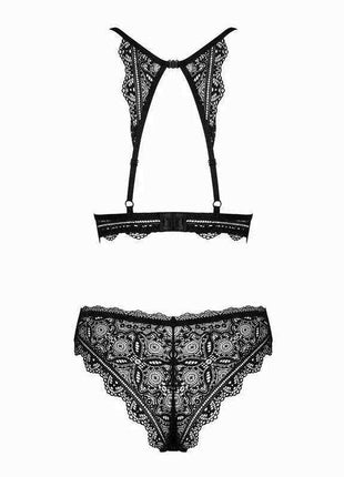 Renelia 2 Piece Lace Set in black floral lace, featuring a strappy suspender harness and matching scalloped briefs