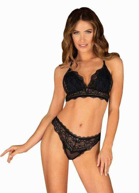 Renelia 2 Piece Lace Set in black, featuring a scalloped lace bralette and matching high-cut lace underwear