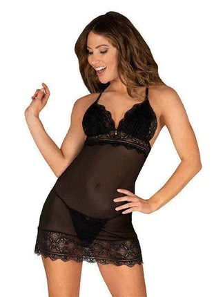 Renelia Chemise and Thong in black sheer mesh with lace cups and a scalloped lace hem