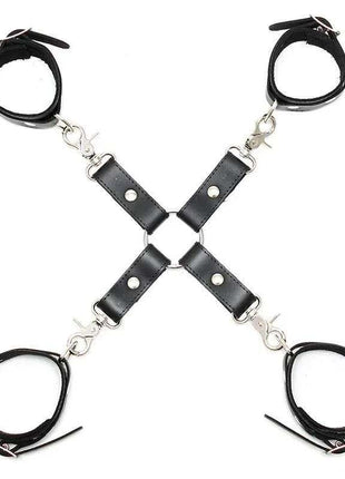 Restraints Adjustable set with four black leather wrist and ankle cuffs, silver metal clips and cross-connected straps