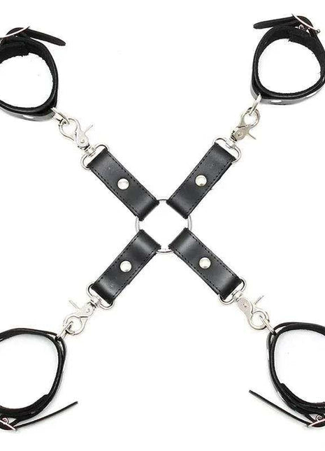 Restraints Adjustable set with four black leather wrist and ankle cuffs, silver metal clips and cross-connected straps