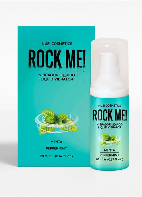 Rock Me! Liquid Vibrator mint gel in a turquoise box and pump bottle, featuring bold black lettering and mint leaf graphics.