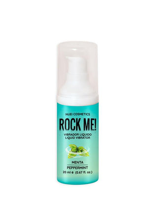Rock Me! Liquid Vibrator mint gel in a turquoise 20 ml airless pump bottle with bold black branding and mint leaf graphic