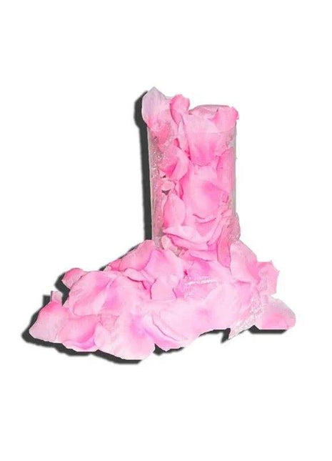 Rose Petals 120 Units Pink are soft-looking, bright pink artificial petals in a clear upright package with loose petals spilling out.