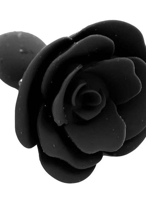Black Rose silicone butt plug with tapered tip and smooth, flexible design for comfortable anal play