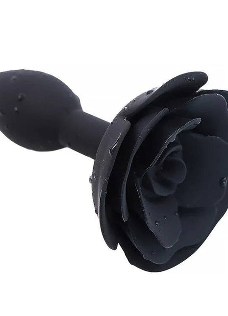 Rose Silicone Butt Plug Black, sleek black silicone anal toy with tapered tip and smooth texture for comfortable use