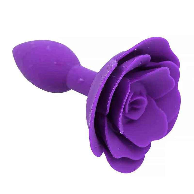 Purple rose-shaped silicone butt plug with smooth surface for comfortable anal play