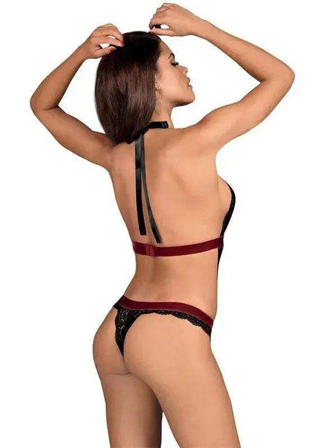 Rossita Lace Bodysuit Black, black lace lingerie with burgundy bands and a distinctive open-back strap design