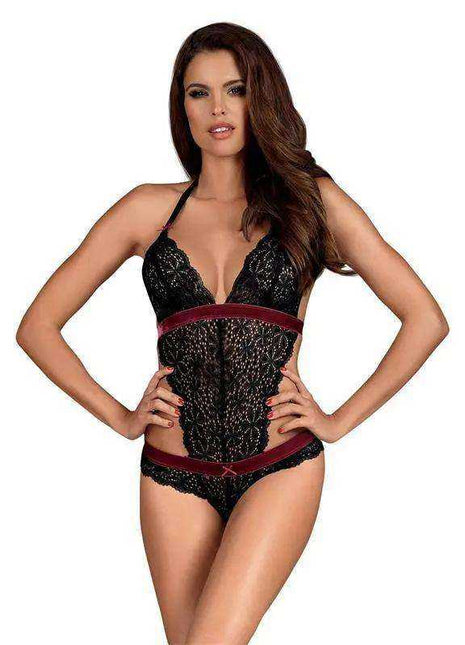 Rossita Lace Bodysuit Black in sheer black floral lace with burgundy trim, deep neckline, and matching bottoms