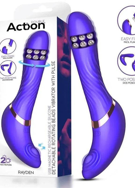 Rotating Beads Vibrator in glossy purple silicone with silver rotating beads, a curved shape and dual stimulation ends