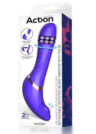Rotating Beads Vibrator in purple silicone with silver rotating beads, curved handle, and detachable vibrating pulse head