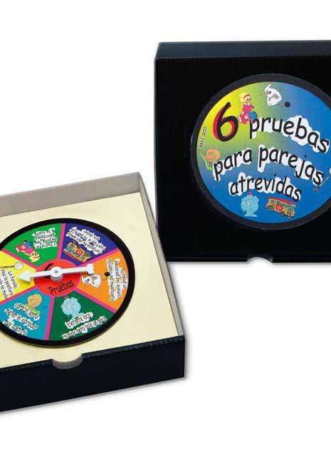 Roulette for Daring Couples game with a colourful Spanish-language challenge wheel and black storage box