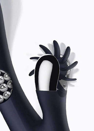Royalspace Vibe with Rotating Tongues, black silicone vibrator with a rotating tongue attachment and silver massage beads