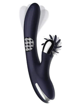 Royalspace Vibe with Rotating Tongues, a dark navy dual-ended vibrator with silver control buttons and a spiked rotating attachment