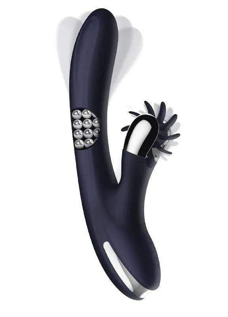 Royalspace Vibe with Rotating Tongues, a dark navy dual-ended vibrator with silver control buttons and a spiked rotating attachment