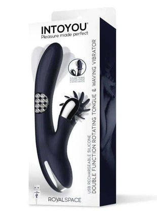 Royalspace Vibe with Rotating Tongues in dark silicone, Y-shaped design with bead details and rotating tongue attachment