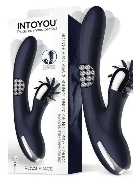 Royalspace Vibe with Rotating Tongues, a dark navy silicone vibrator with silver buttons and rotating tongue attachments