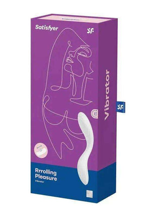 Rrrolling Pleasure White vibrator box in purple and blue packaging, with white line art and a curved white vibrator pictured