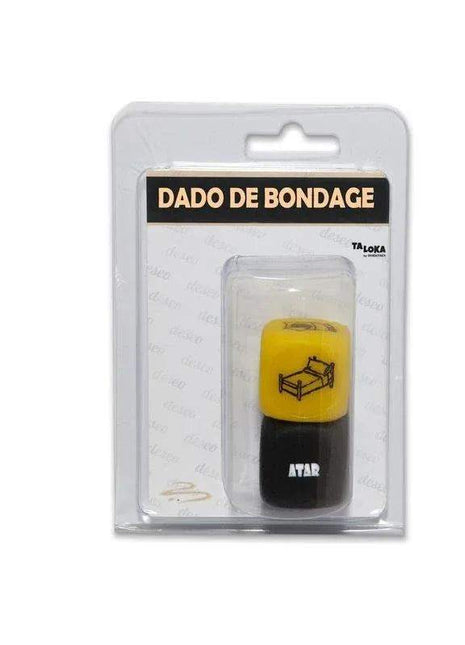 Sado Dice and Item Dice Set with a yellow and black cylindrical die featuring a bed icon and ATAR text