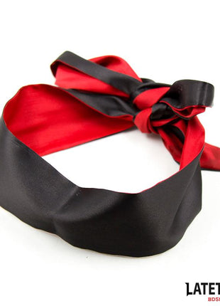 Satin Blindfold in black and red satin, with a wide soft band and long tie straps