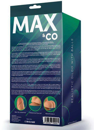 Saul Realistic Dildo packaging in dark teal and green, with MAX & CO branding and illustrations of realistic balls