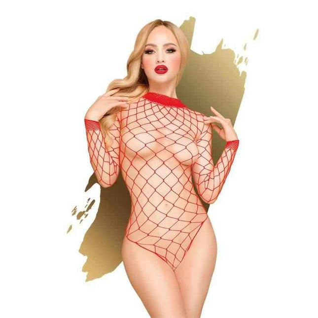Red scandalous mesh teddy lingerie with lace detailing and plunging neckline