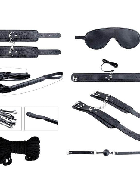 Secret Desires Black 8 Pieces BDSM kit with handcuffs, flogger, mask, and shibari rope in black for beginner bondage play