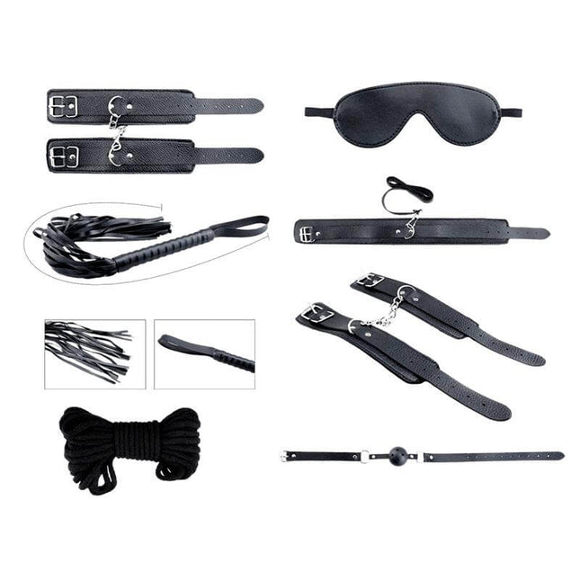 Secret Desires Black 8 Pieces BDSM kit with handcuffs, flogger, mask, and shibari rope in black for beginner bondage play