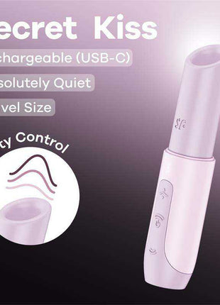 Secret Kiss Air Pulse Vibrator in pale pink silicone with a smooth lipstick-style body, recessed tip and three control buttons