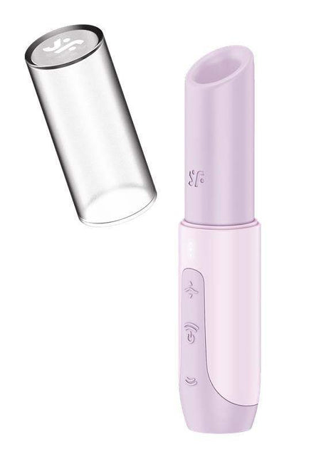 Secret Kiss Air Pulse Vibrator in pale pink silicone with a removable silver cap and recessed oval tip
