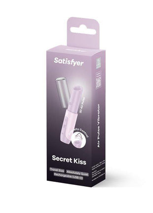 Secret Kiss Air Pulse Vibrator shown on its purple Satisfyer retail box, with a pale pink lipstick-shaped device pictured on the front