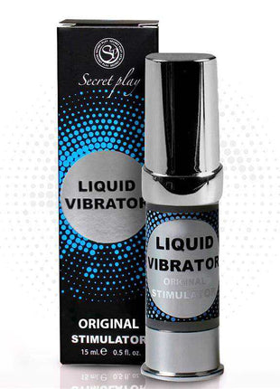 Secret Play Liquid Vibrator unisex stimulator in a black and silver airless pump bottle with blue dotted packaging