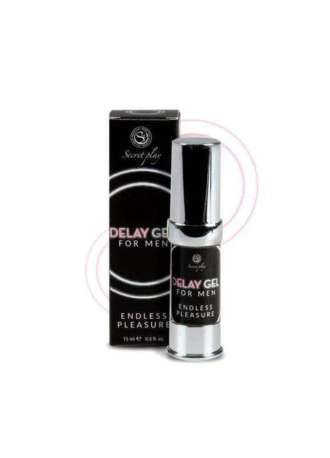 Secret Play Retarding Gel in a black box with a matching black and chrome 15 ml pump bottle