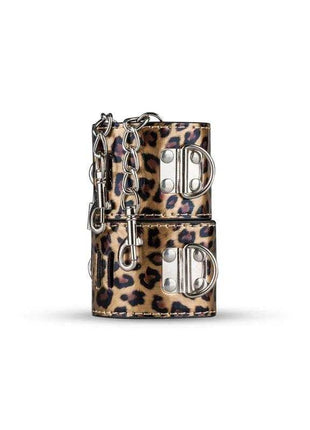 Secret Pleasure Chest, compact tan and black leopard-print case with a metallic chain and two silver clasp closures
