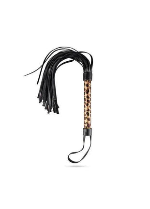 Secret Pleasure Chest whip with a tan leopard-print handle, black tassel strands, and a curved wrist loop