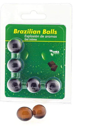 Set 5 Brazilian Balls in glossy dark brown chocolate, with five rounded pieces displayed in green packaging.
