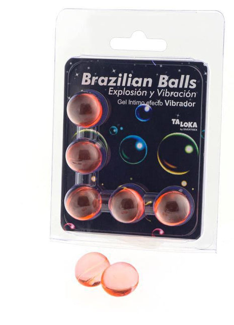 Set 5 Brazilian Balls Gel Vibration Effect in clear packaging, with five translucent pink gel balls and colorful printed label